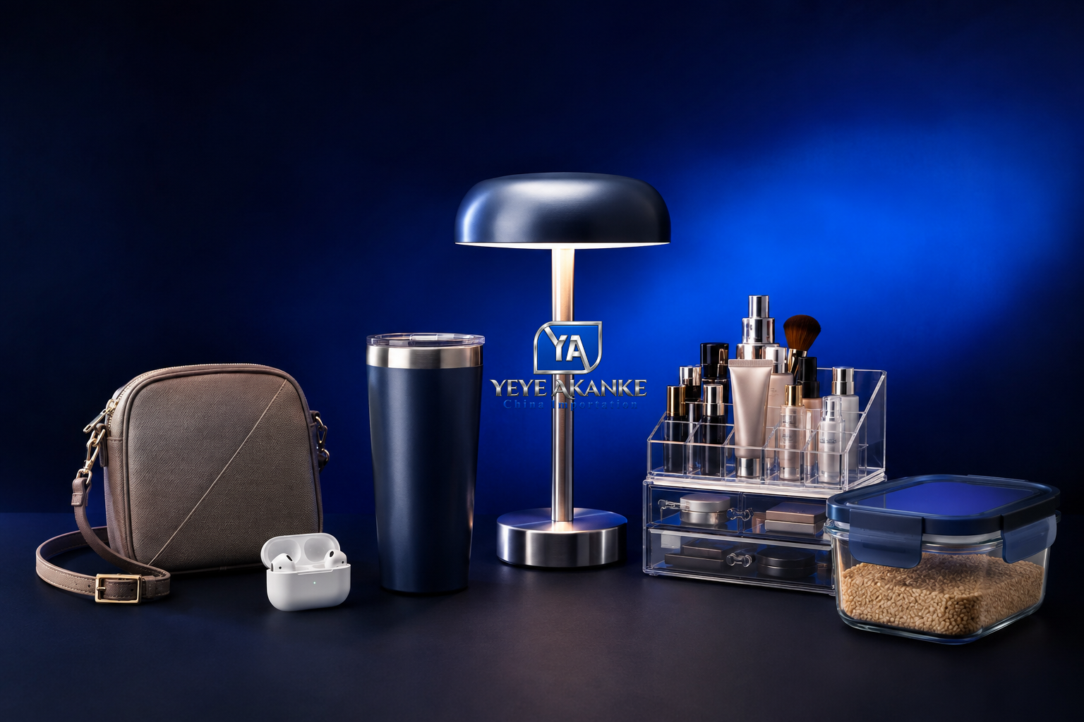 A crossbody bag, earbuds, travel tumbler, table lamp, beauty organiser and kitchen storage container